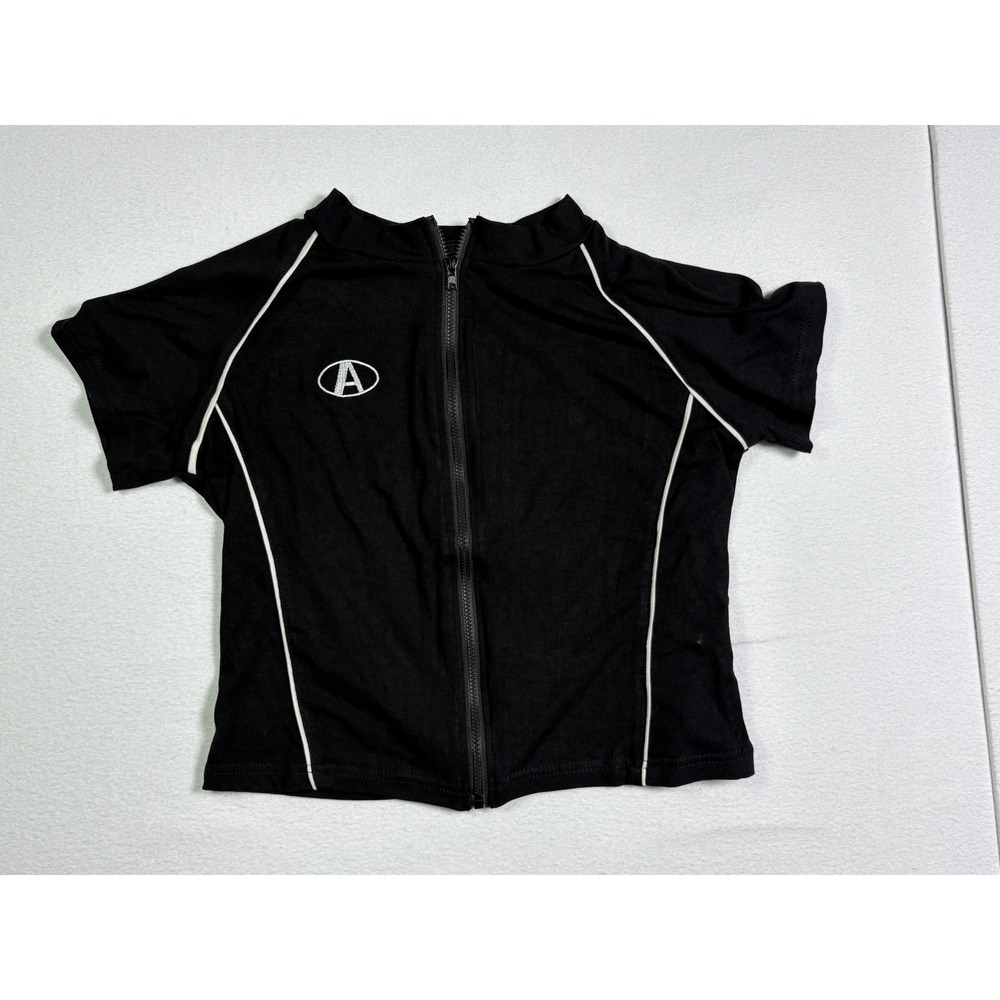 Black Full Zip Short Sleeve Cropped Sporty Top White Piping Logo Size L Womens